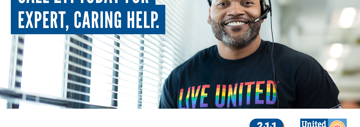 helpful smiling operator looking at camera and text encoraging calls to 211